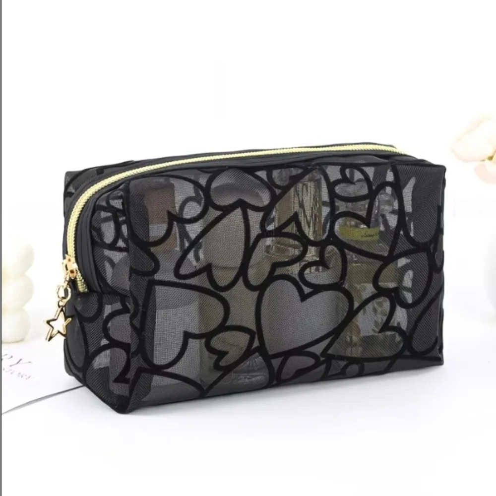 Women's Black Gold Heart Mesh Cosmetic Bag One Size